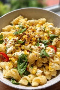 Delicious street corn pasta salad with fresh ingredients and vibrant colors