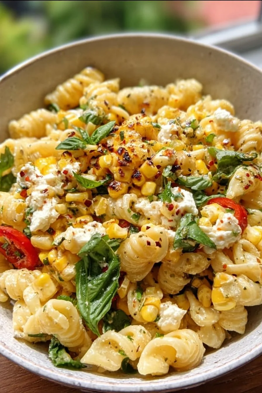 Delicious street corn pasta salad with fresh ingredients and vibrant colors