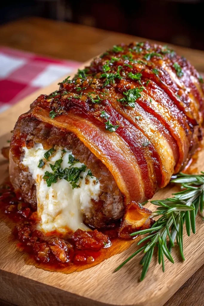 Mozzarella stuffed bacon wrapped appetizer on a plate.