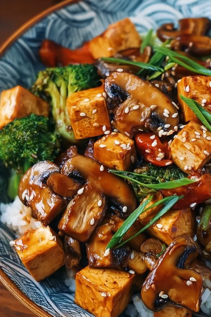 Mushroom Tofu Stir-Fry with vibrant vegetables in a skillet