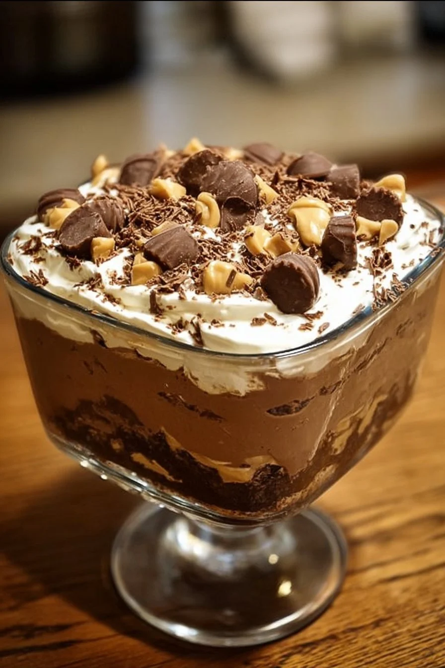 Delicious no-bake chocolate peanut butter mousse dessert in a serving bowl