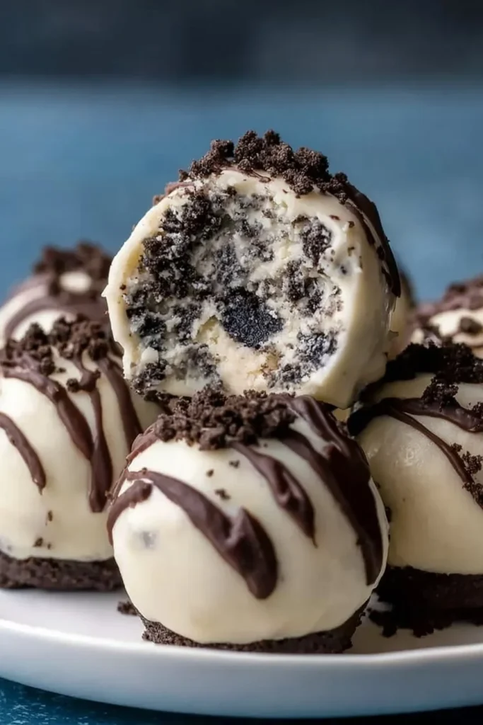 No-bake cookies and cream cheesecake balls on a plate