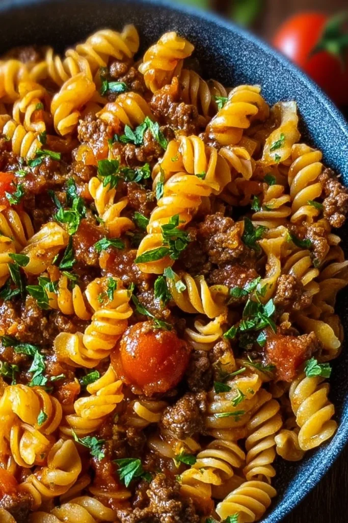 One Pot Beef Taco Pasta in a skillet, showcasing a colorful mix of ingredients.