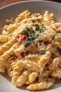 One pot creamy garlic pasta in a bowl garnished with parsley