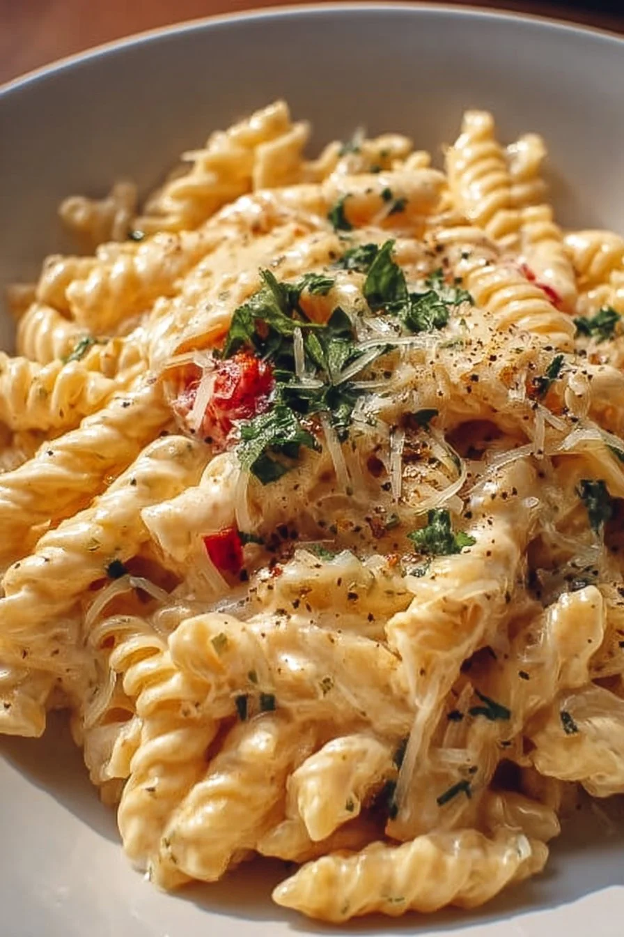 One pot creamy garlic pasta in a bowl garnished with parsley