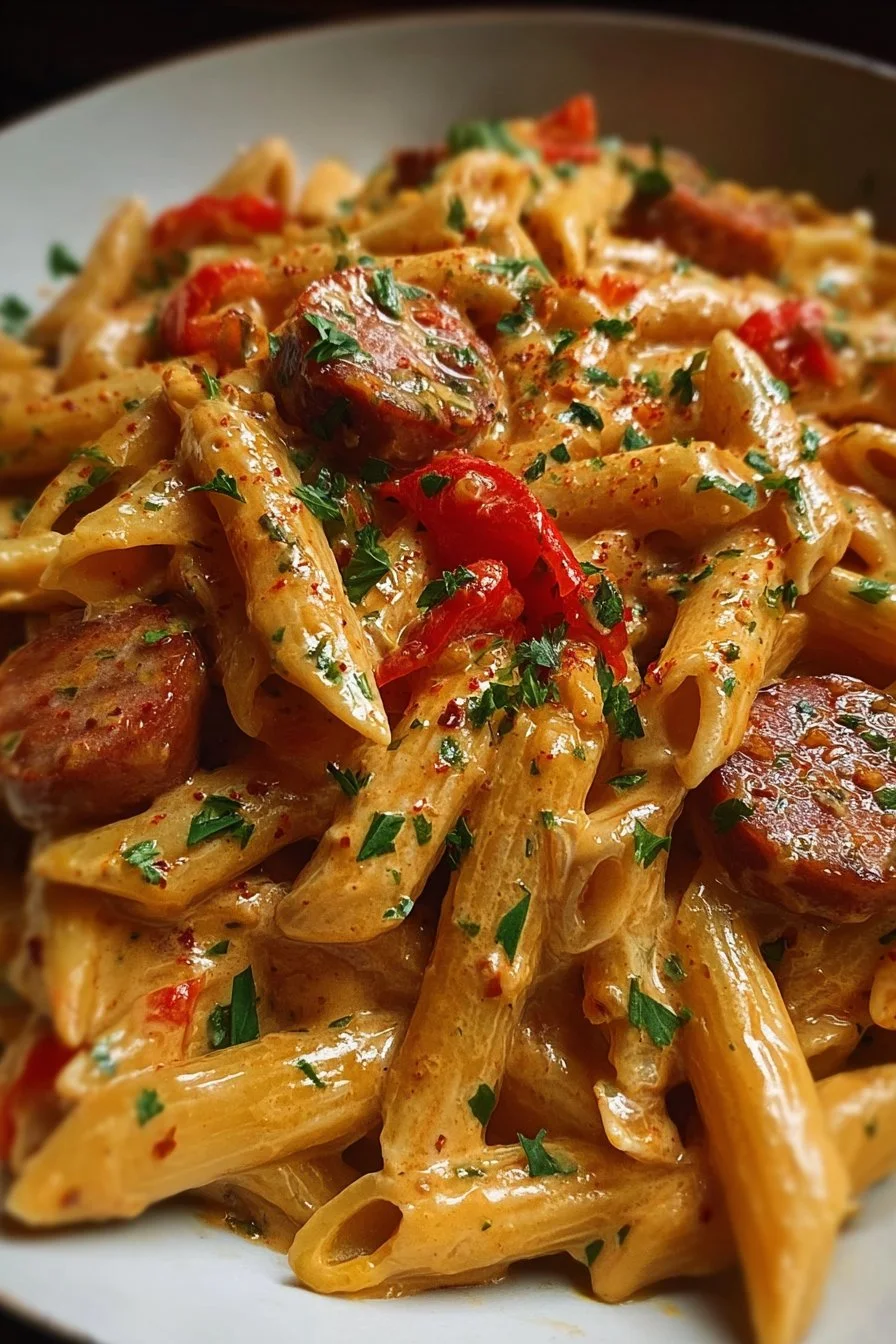 Creamy Spicy Cajun Sausage Pasta in a one-pot meal
