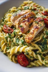 Delicious Pesto Pasta with Chicken garnished with fresh basil and parmesan cheese