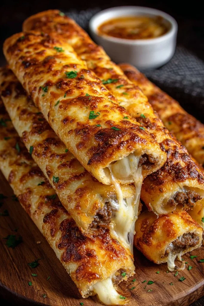Philly Cheesesteak Cheesy Breadsticks with melted cheese and beef
