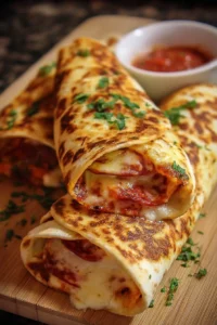 Quick baked pizza wraps served on a plate with toppings