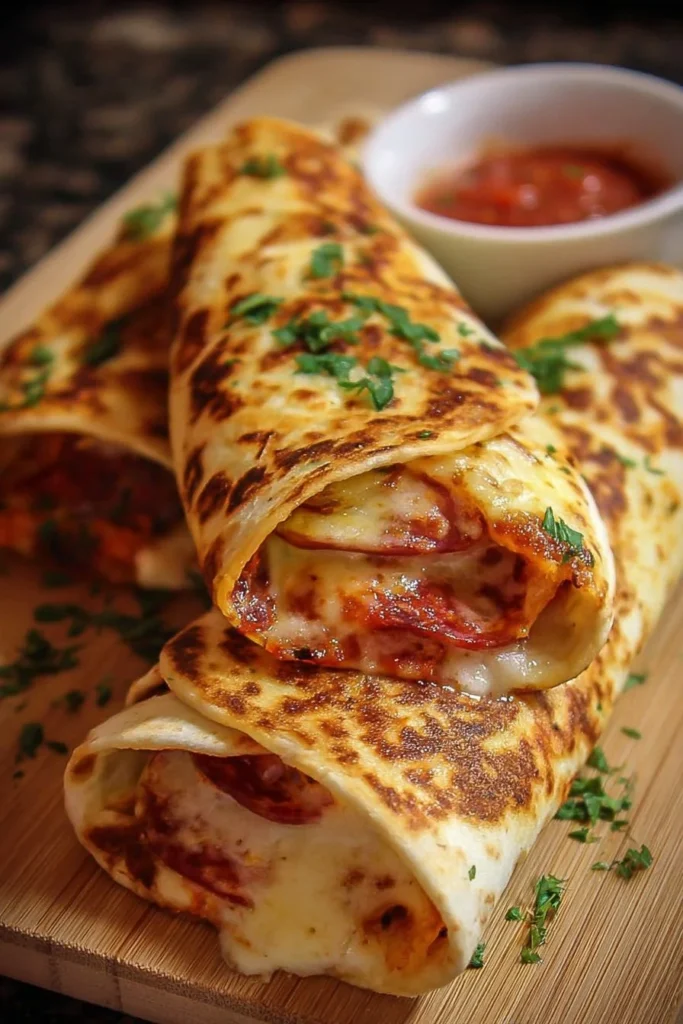 Quick baked pizza wraps served on a plate with toppings