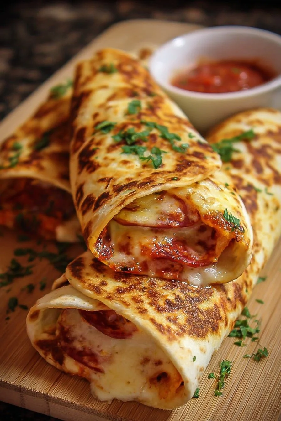 Quick baked pizza wraps served on a plate with toppings
