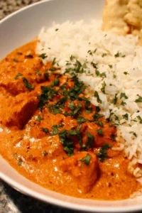 Delicious homemade butter chicken served with rice and naan bread.