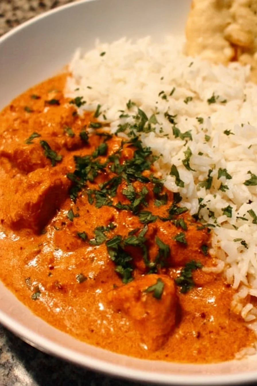 Delicious homemade butter chicken served with rice and naan bread.