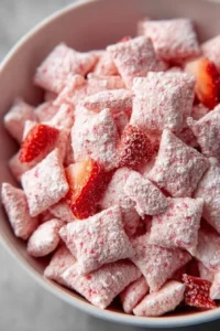 Quick Strawberry Shortcake Puppy Chow dessert recipe with strawberries and chocolate.