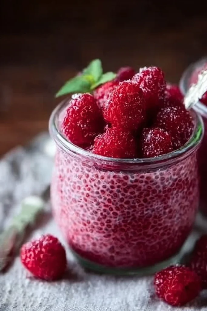Raspberry chia pudding topped with fresh raspberries and drizzled with maple syrup.