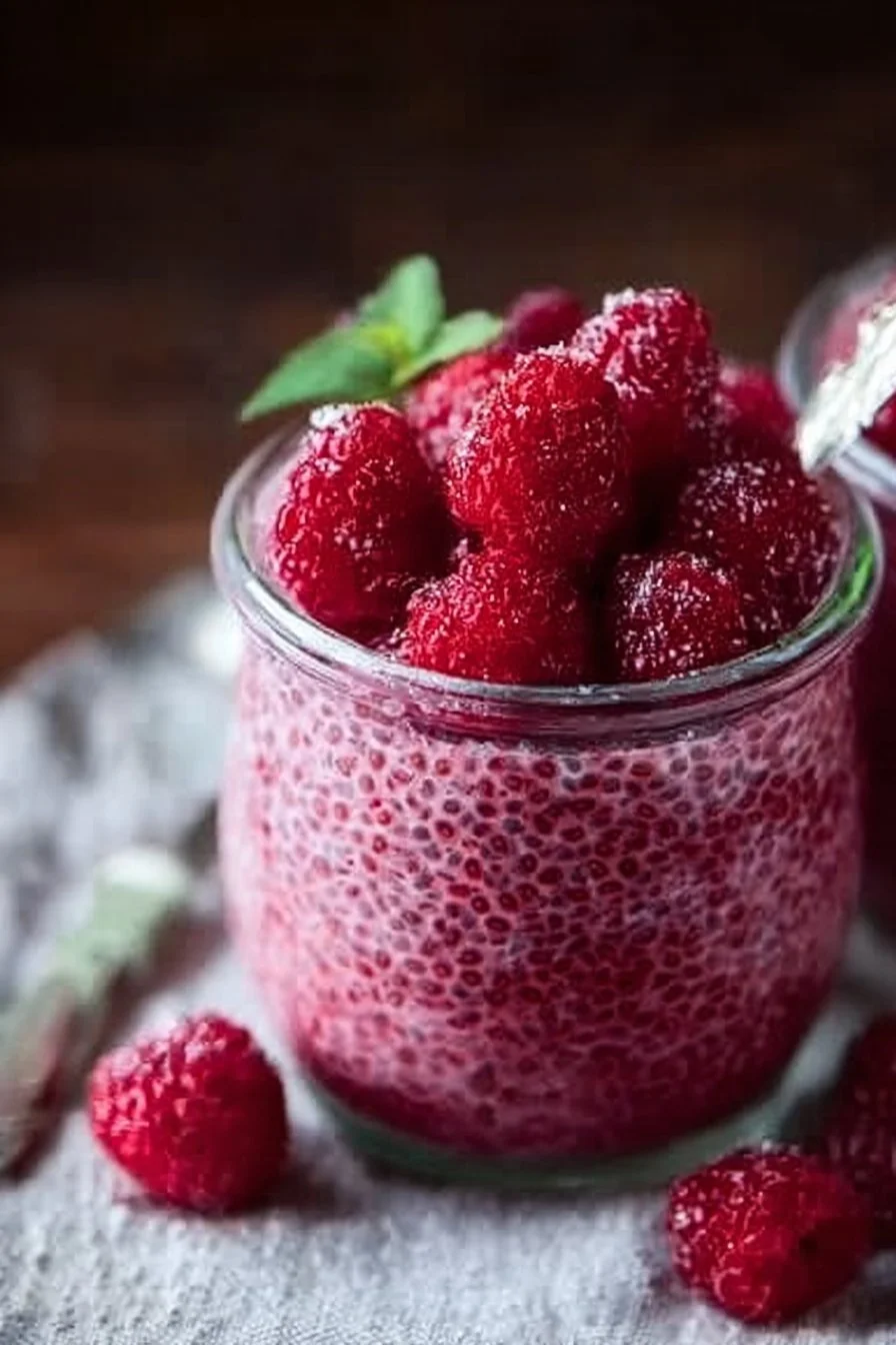 Raspberry chia pudding topped with fresh raspberries and drizzled with maple syrup.