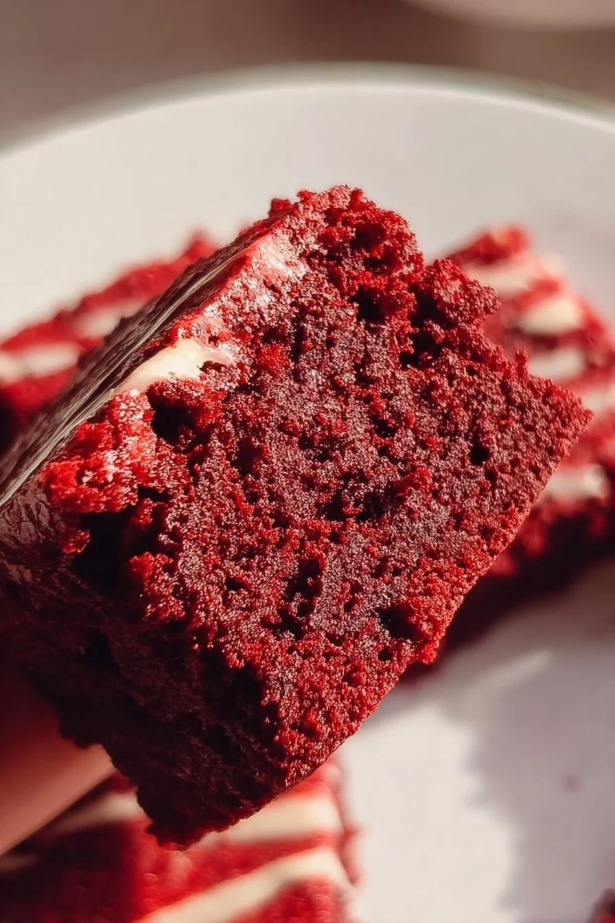 Fudgy Red Velvet Brownies topped with cream cheese frosting on a white plate
