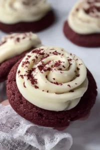 Delicious red velvet cookies with cream cheese frosting on a platter