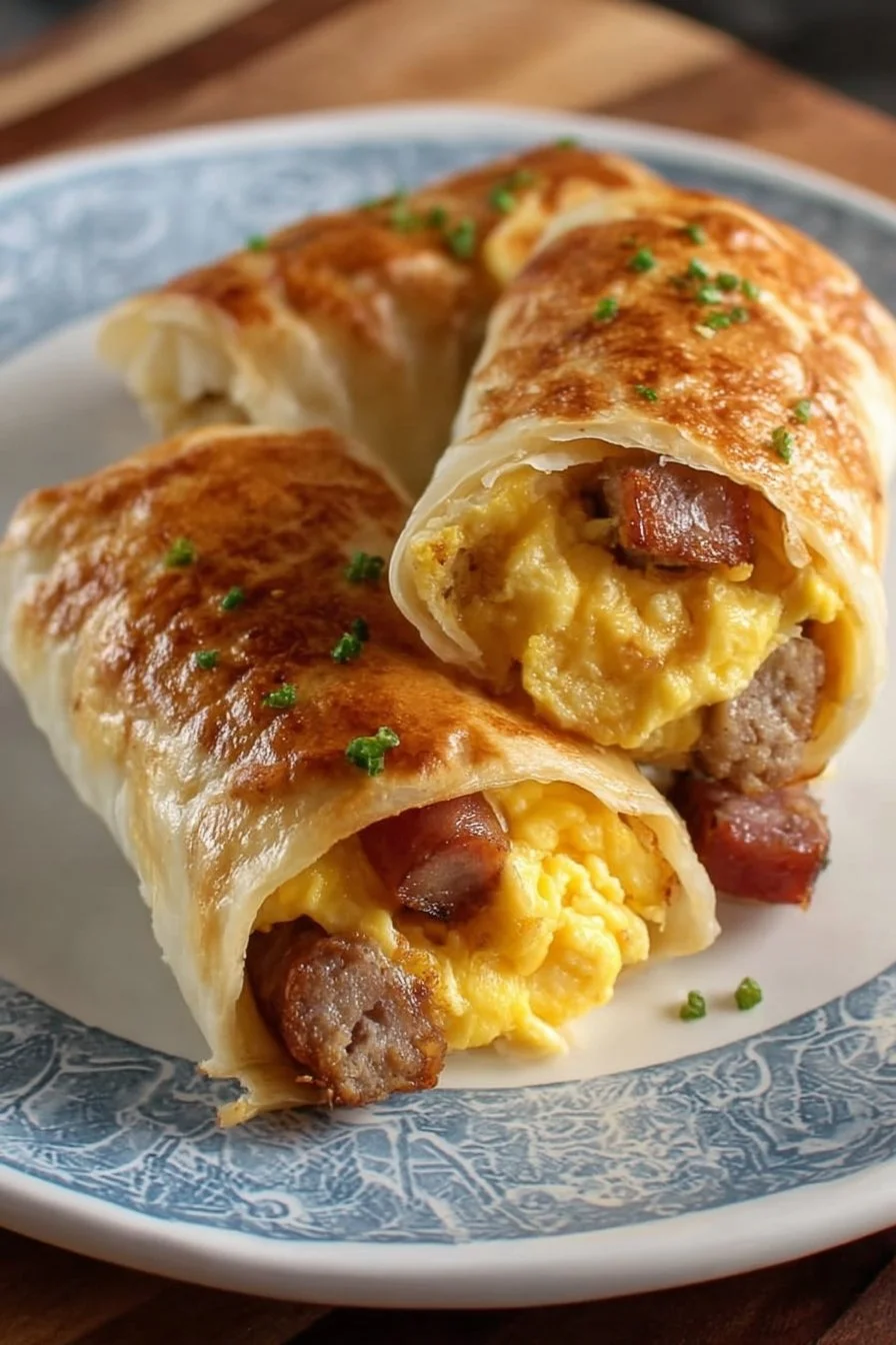 Sausage egg breakfast roll-ups with golden eggs and crispy sausage