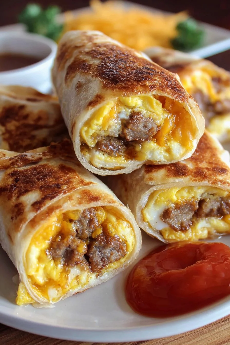 Delicious Sausage Egg Cheese Roll-Ups served on a plate.