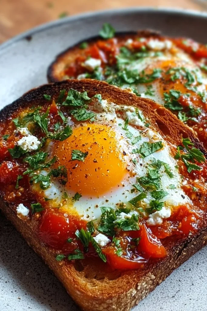 Plate of vibrant Shakshouka Toast topped with eggs and herbs