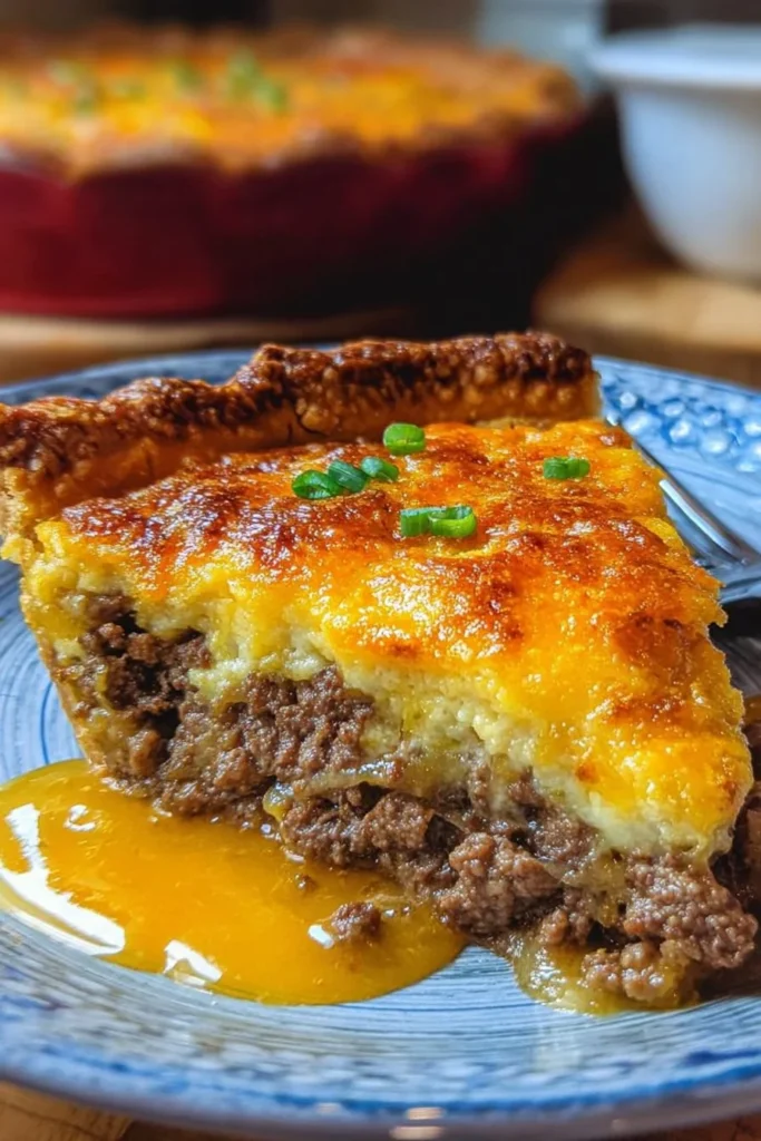 Delicious Southern Style Cheeseburger Pie with melty cheese and flaky crust