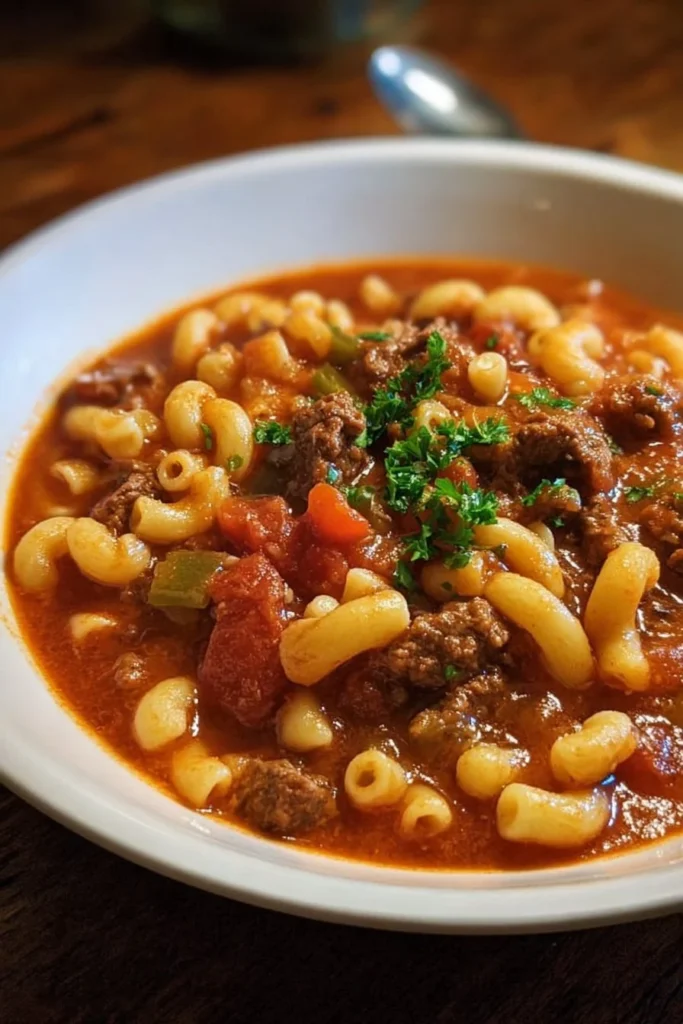 Delicious Southern Style Goulash served in a bowl with fresh herbs