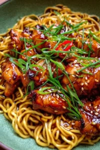 Plate of sticky garlic chicken served with noodles