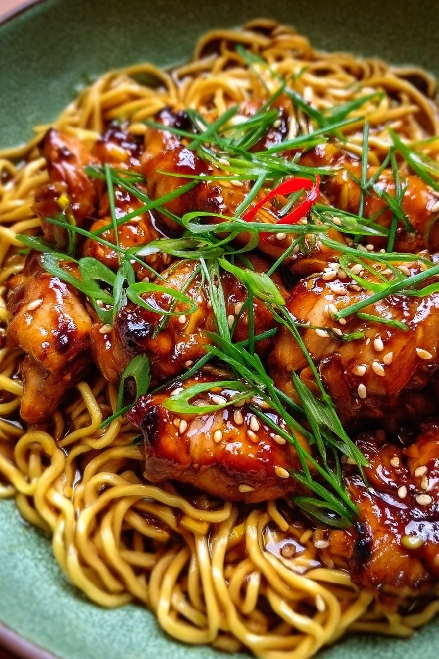 Plate of sticky garlic chicken served with noodles