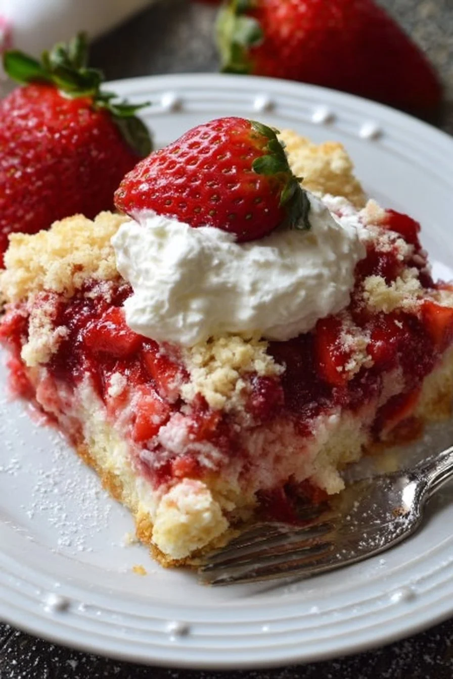 Delicious strawberry cheesecake dump cake topped with fresh strawberries