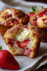 Freshly baked Strawberry Cream Cheese Muffins on a wooden table