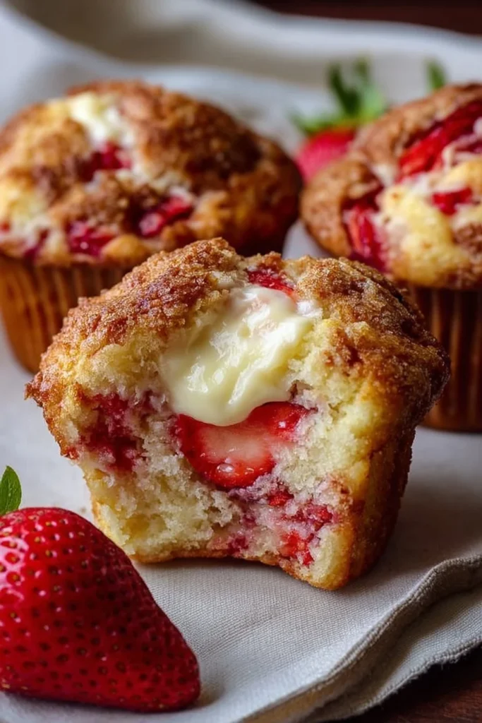 Freshly baked Strawberry Cream Cheese Muffins on a wooden table