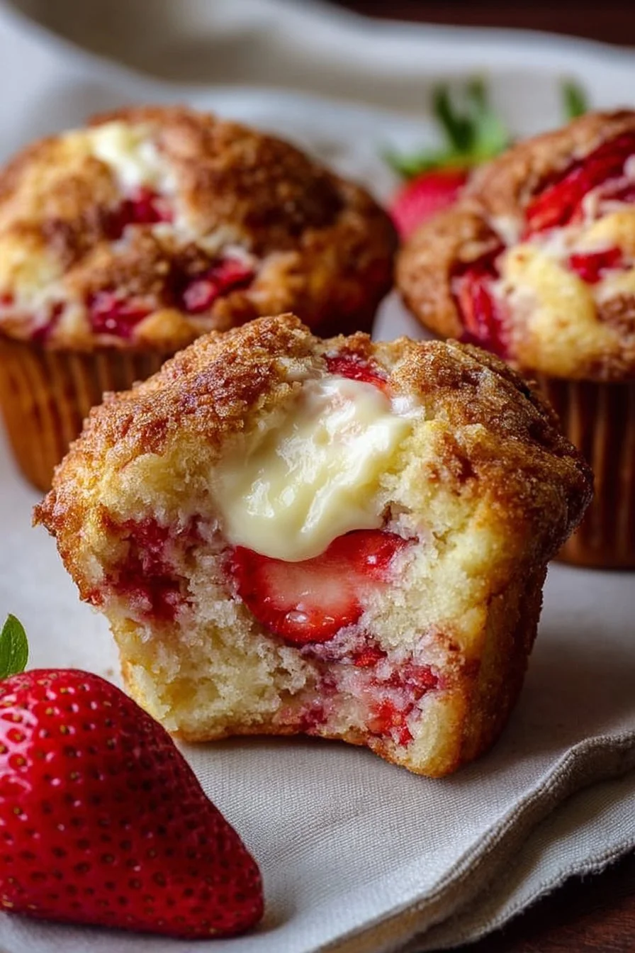 Freshly baked Strawberry Cream Cheese Muffins on a wooden table