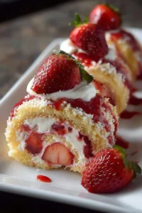 Delicious strawberry shortcake cheesecake rolls on a plate, topped with fresh strawberries.