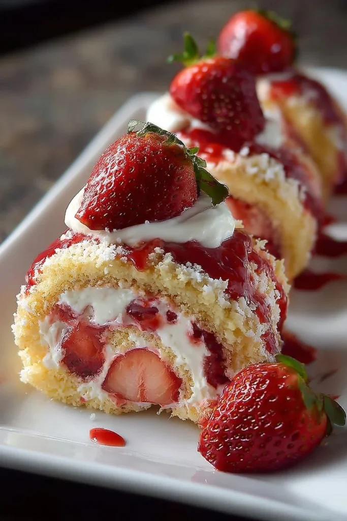 Delicious strawberry shortcake cheesecake rolls on a plate, topped with fresh strawberries.