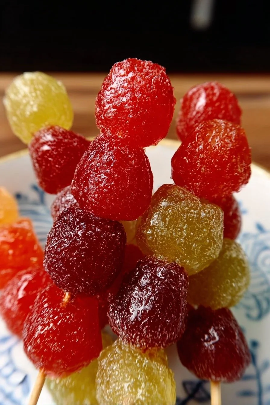 Tanghulu - Chinese candied fruit on skewers, showcasing vibrant colors and a glossy finish.