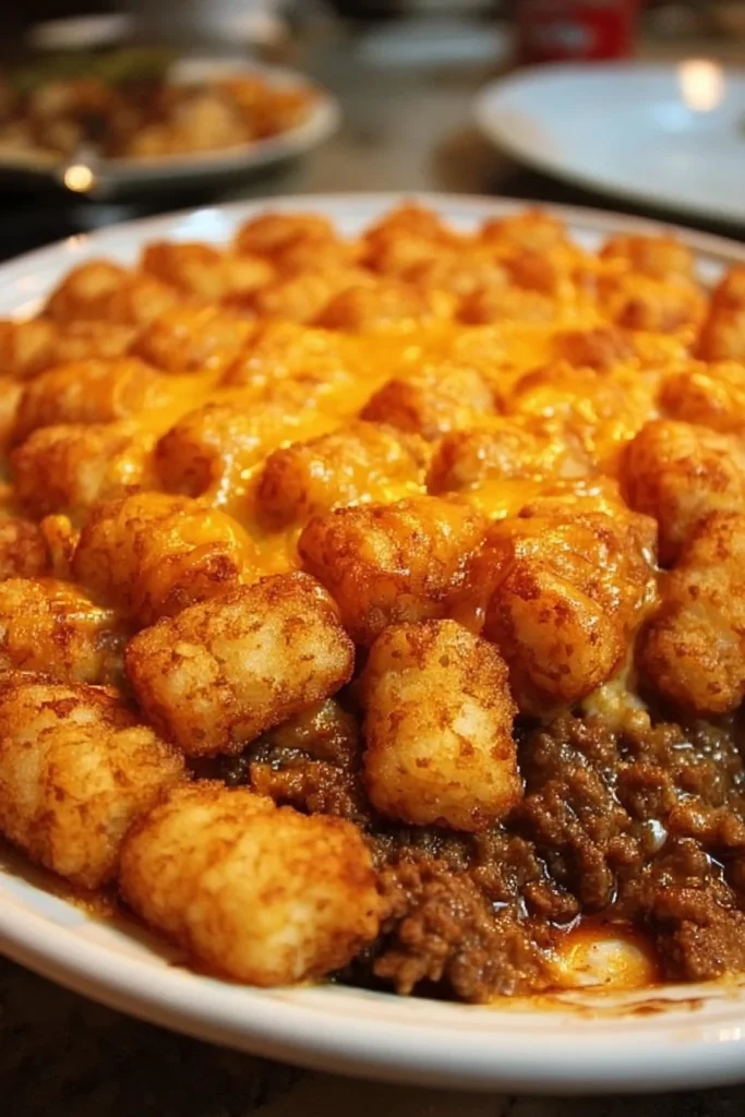 Delicious Tater Tot Casserole with ground beef topped with golden tater tots