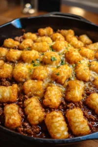 Tater Tot Sloppy Joe Skillet topped with melted cheese and fresh herbs