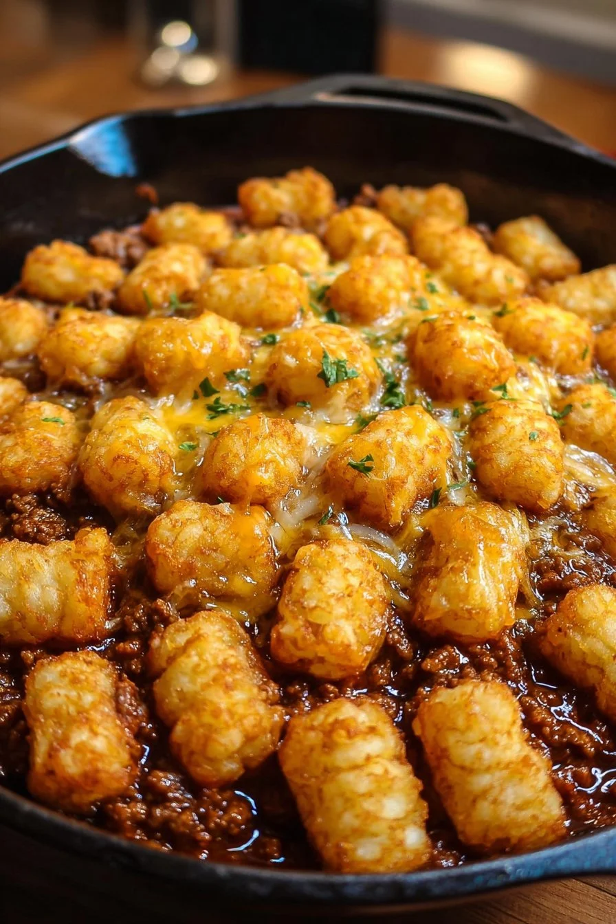 Tater Tot Sloppy Joe Skillet topped with melted cheese and fresh herbs