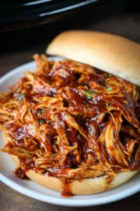 Delicious pulled Crockpot BBQ Chicken served on a plate