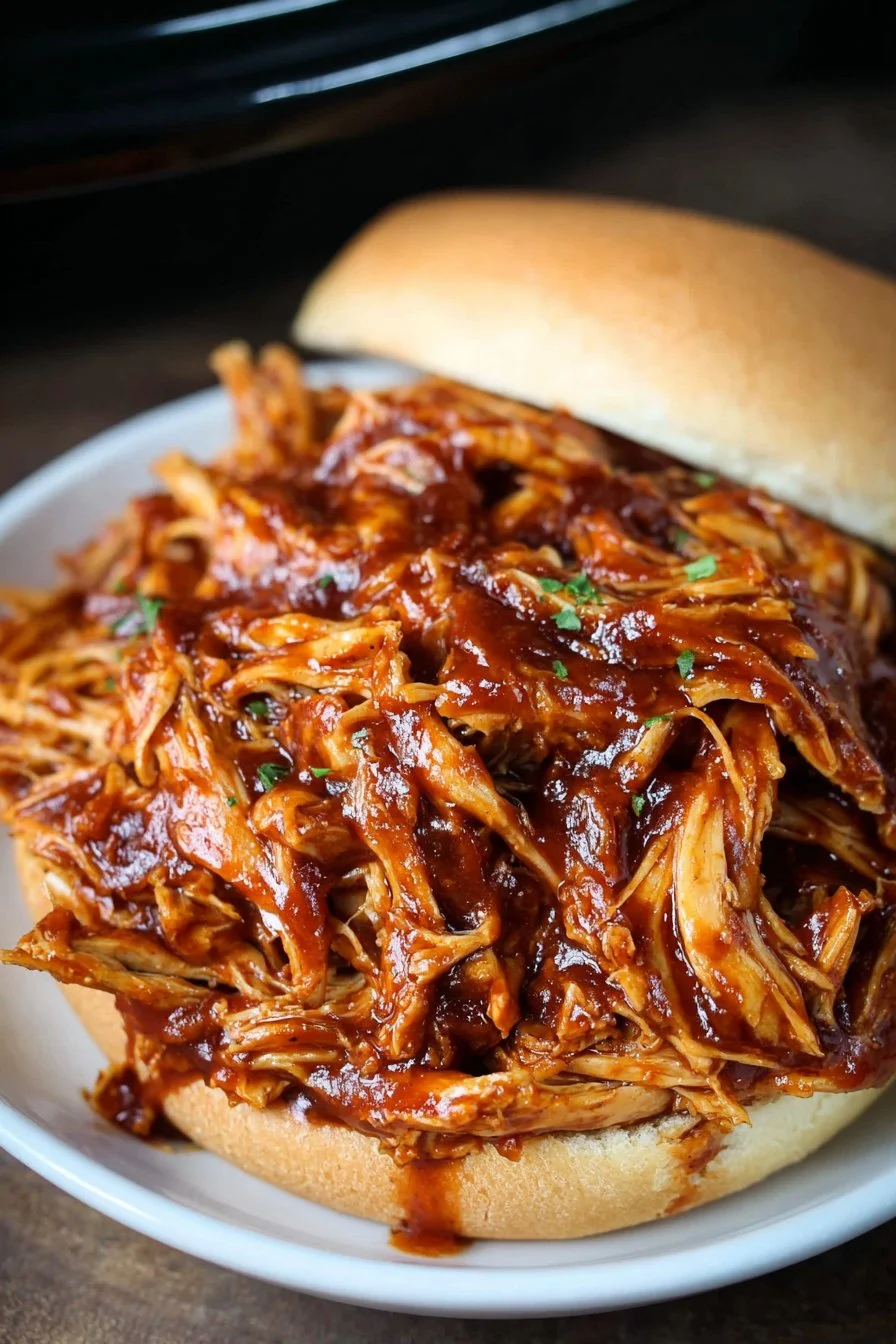 Delicious pulled Crockpot BBQ Chicken served on a plate