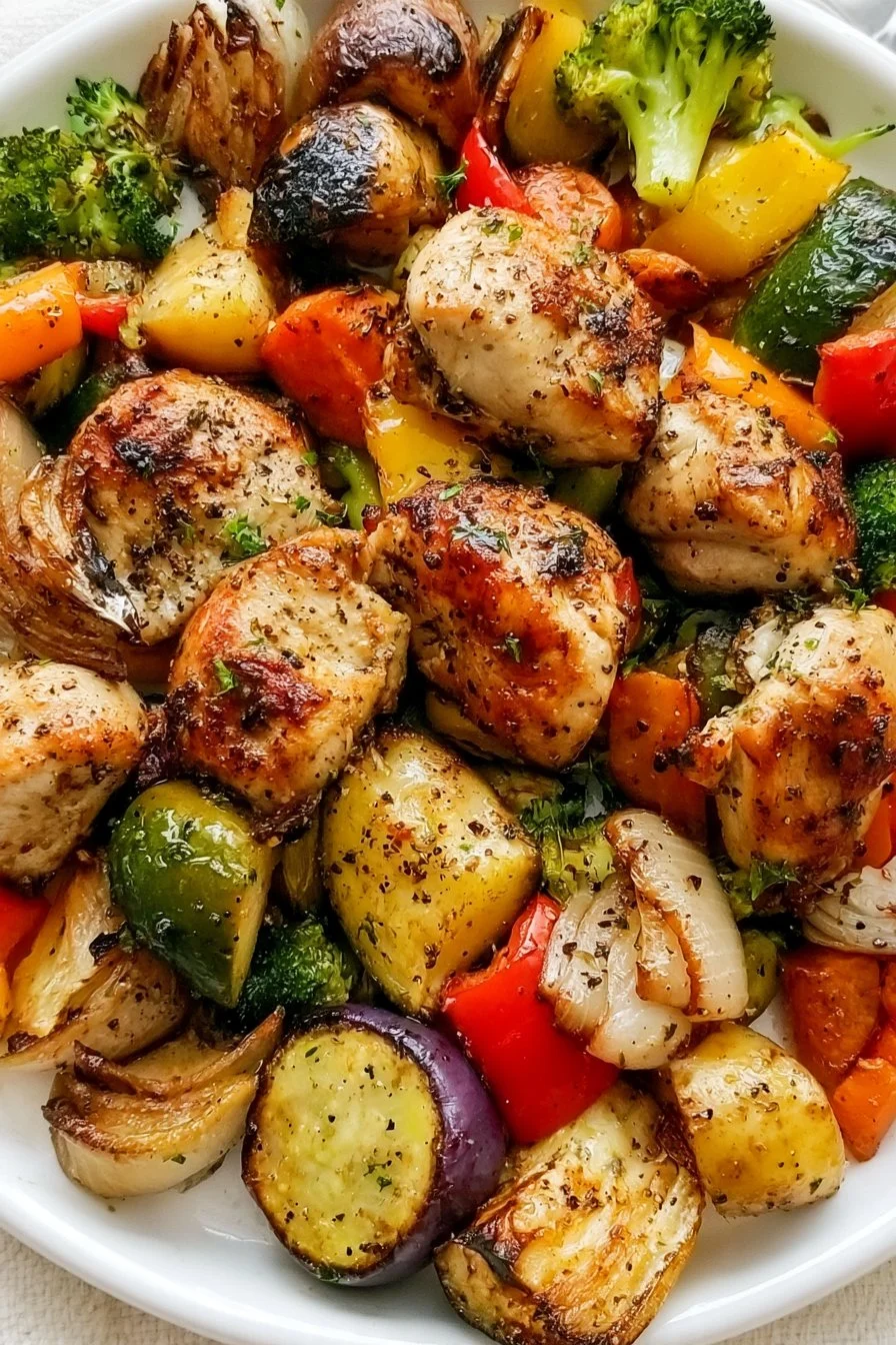 10 Minute Air Fryer Chicken and Veggies dish ready to serve.