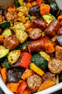 Air fryer chicken sausage with colorful veggies ready to serve