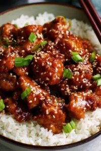Air fryer sesame chicken garnished with sesame seeds and green onions.