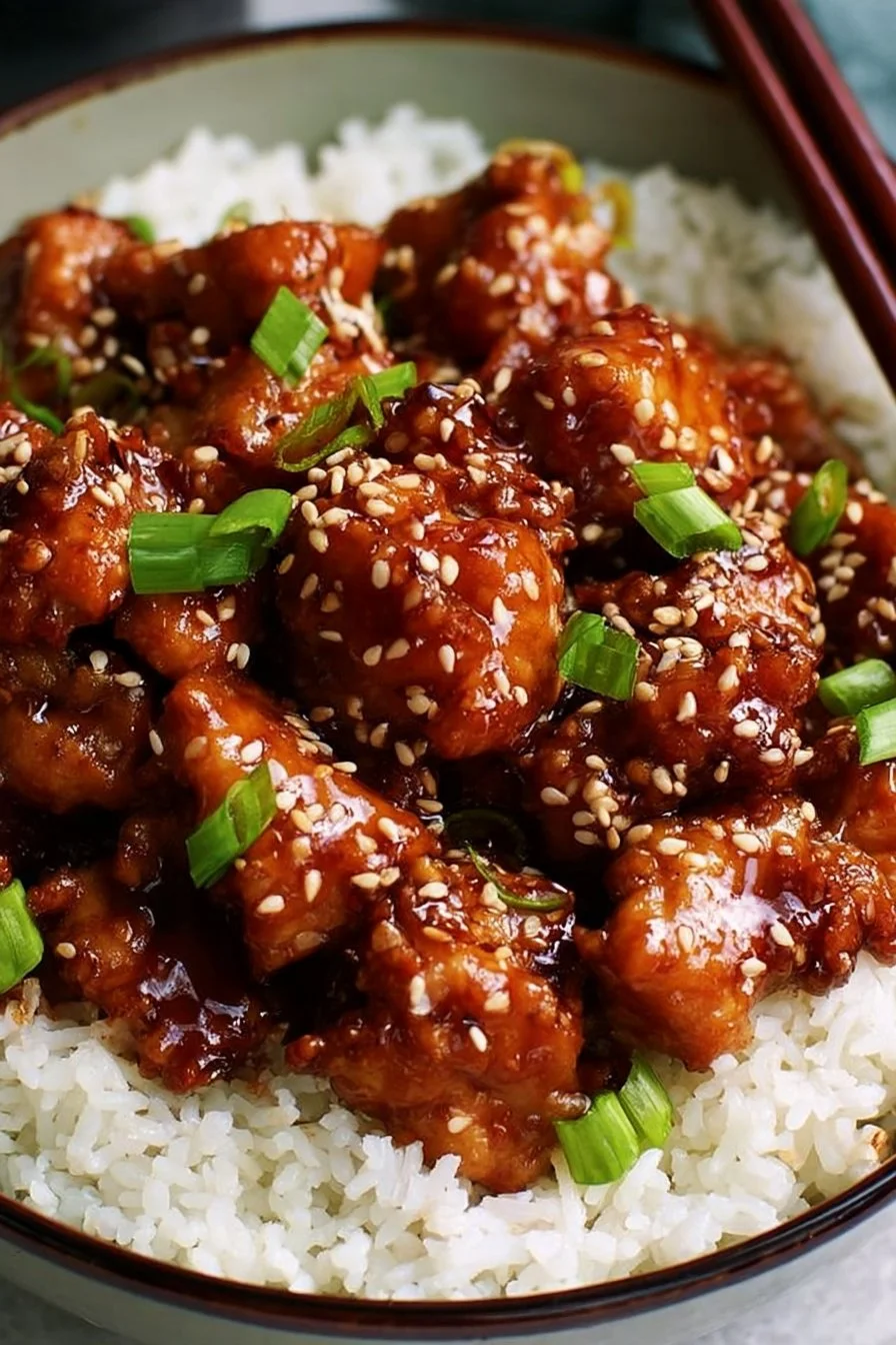 Air fryer sesame chicken garnished with sesame seeds and green onions.