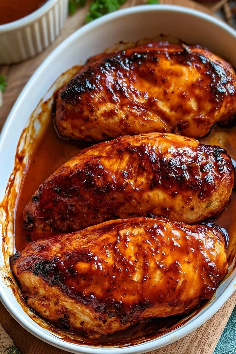 Juicy BBQ Baked Chicken Breasts garnished and ready to serve in 30 minutes.
