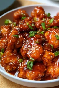 Plate of Gochujang Chicken served with rice and vegetables