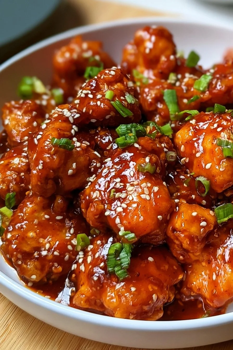 Plate of Gochujang Chicken served with rice and vegetables