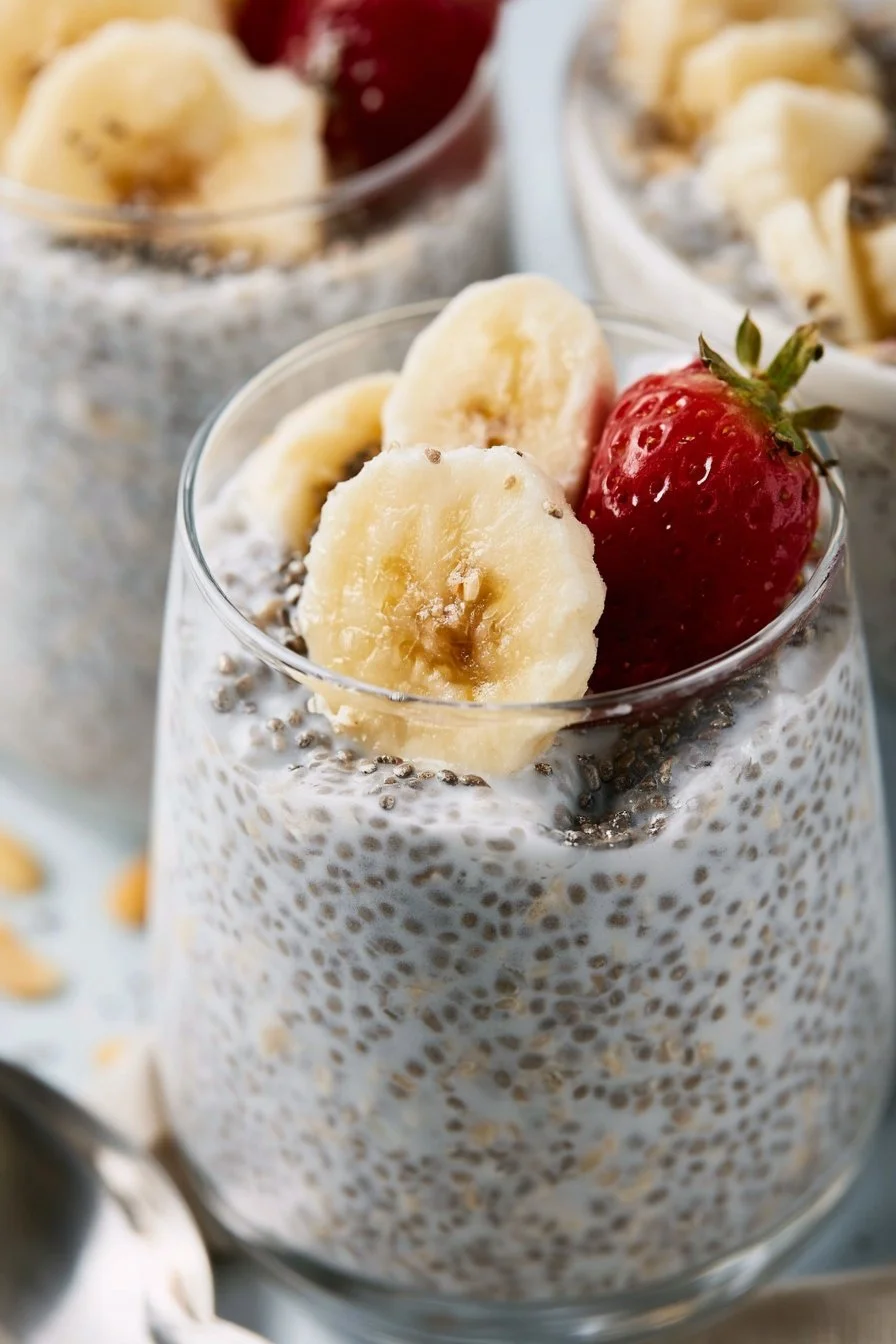 Creamy coconut milk chia pudding served in a bowl with fresh fruit toppings.