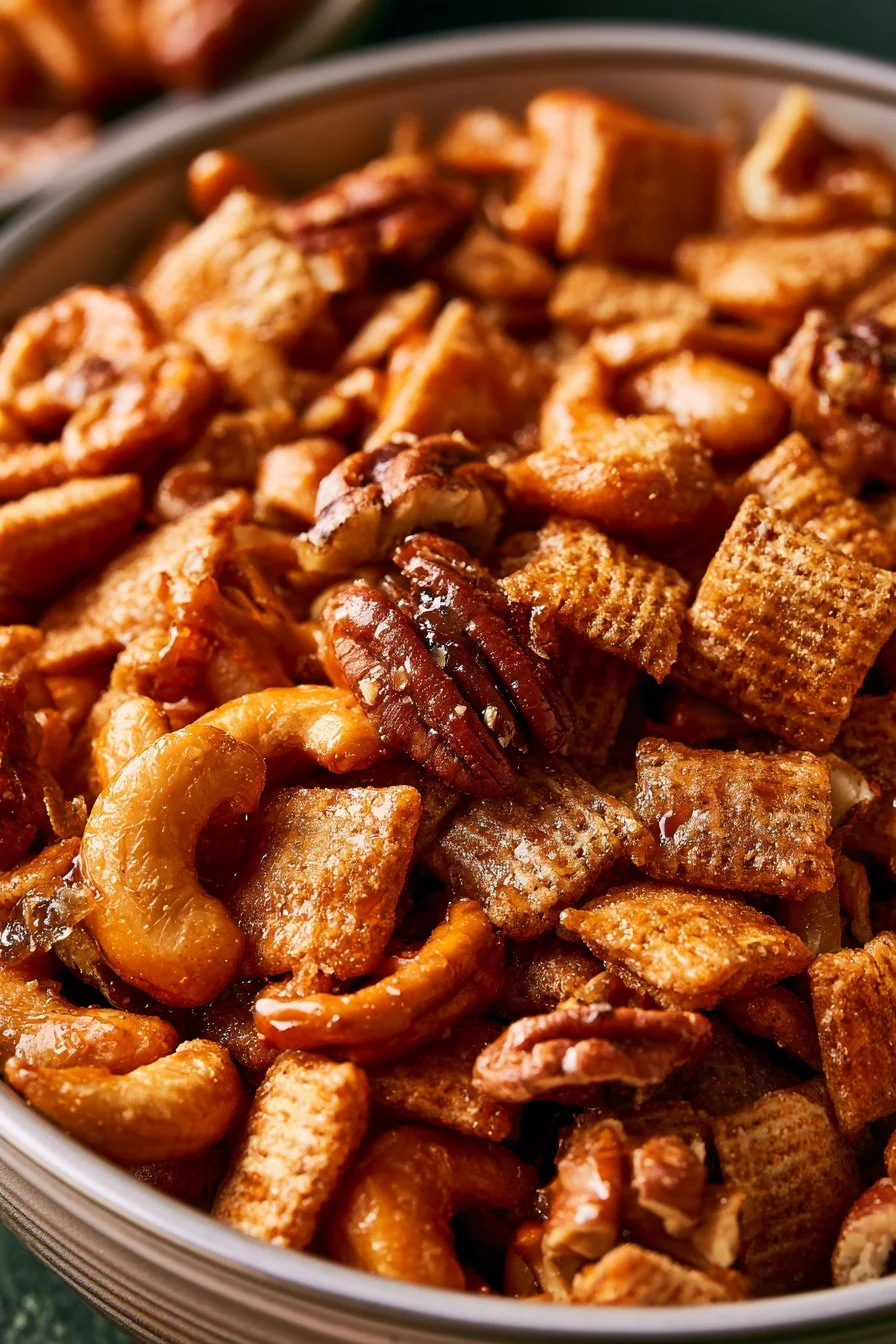 Delicious Toffee Chex Mix in a bowl, perfect for snacking or parties.